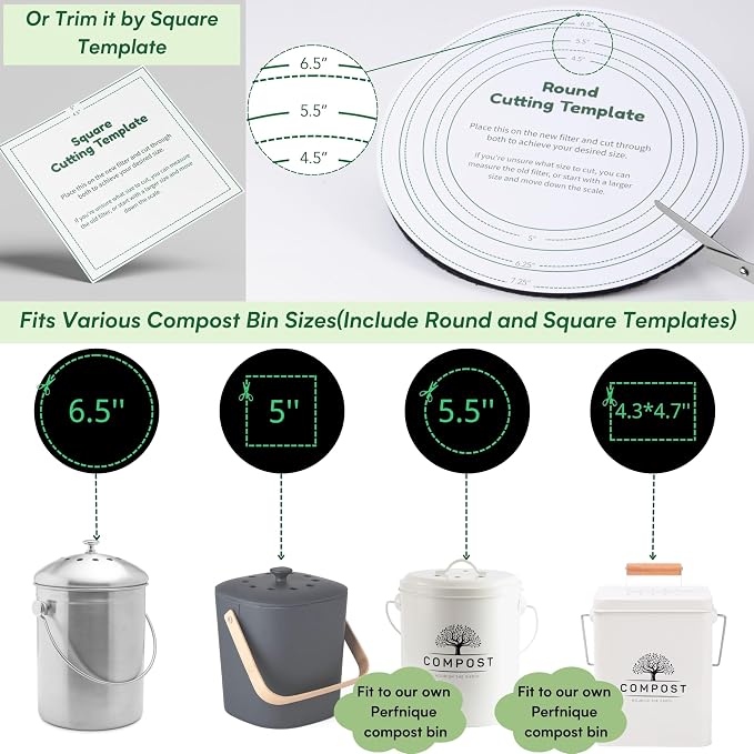 Perfnique Compost Bin Charcoal Filters, 12 Pack Filter Replacement for Compost Bucket, Kitchen Compost Bin Countertop Filters, Longer Lasting Activated Carbon Filters for Kitchen Pail Composter - Image 2