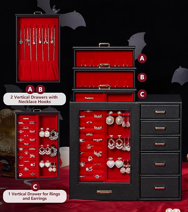 Homde Large Jewelry Box/Organizer/Case with Glass Window, Drawers for Necklaces Earrings Rings Bracelets Watches Gift for Women Girls - Image 3