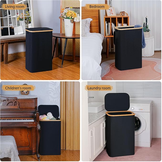 iEGrow 75L Slim Laundry Hamper, Narrow Laundry Basket with Lid,Foldable Clothes Hamper with Bamboo Handles,Hamper Basket with Removable Inner Bag for Laundry Room Bedroom College Dorm,19.8 Gals Black - Image 7