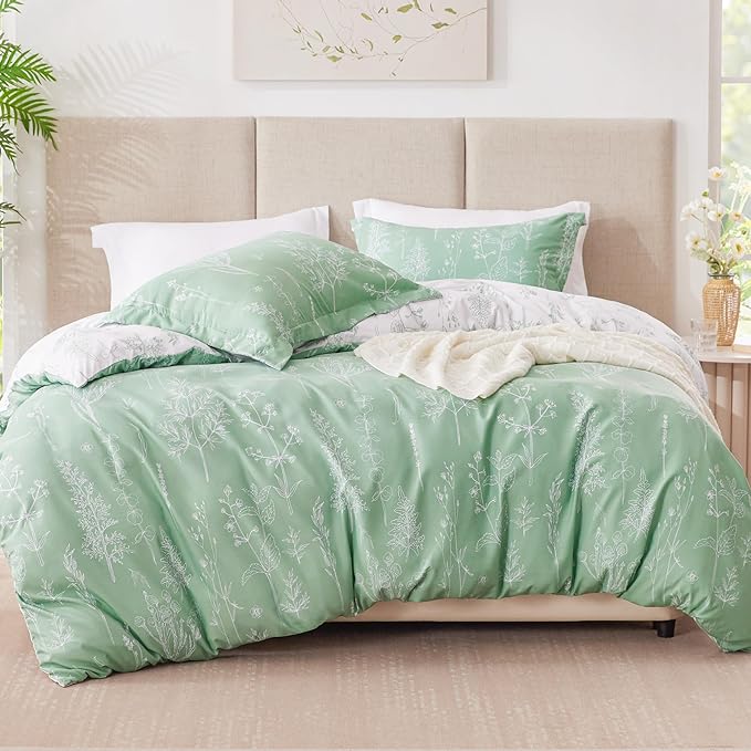 Love's cabin Sage Green Comforter Set Full - Full Size Comforter Set, 3 Pieces Cute Floral Bedding Sets for All Seasons,1 Soft Reversible Botanical Flowers Comforter and 2 Pillow Shams