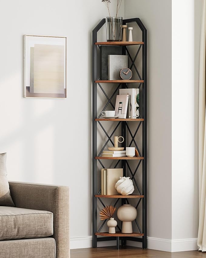CHOEZON 6-Tier Corner Shelf, Industrial Corner Bookshelf, 71.2" Corner Storage Stand, Plant Stand Display Shelf, Corner Bookcase for Bedroom, Living Room, Home Office, Rustic Brown and Black TCJ11BF by Choezon