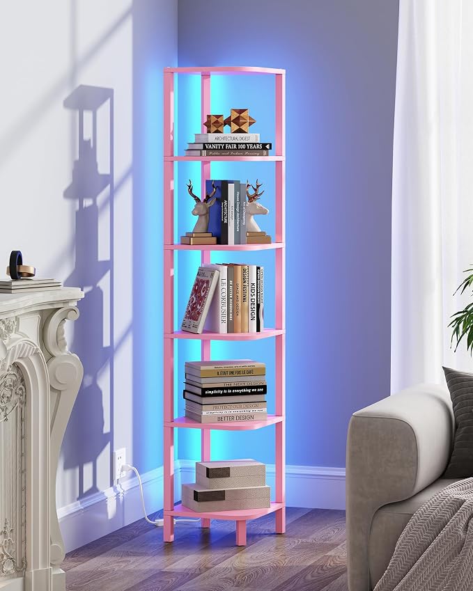 TUTOTAK Corner Shelf with LED Light, 6-Tier Corner Bookshelf for Small Space, Narrow Display Corner Shelf Stand with Storage Rack, for Living Room, Bedroom, Pink BS08BP006L - Image 7