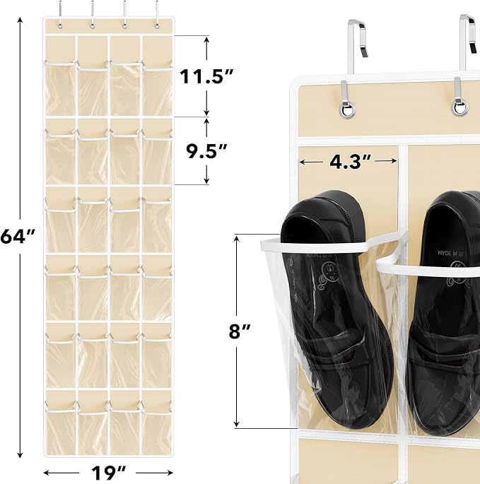 Simple Houseware 24 Pockets - Crystal Clear Over The Door Hanging Shoe Organizer, Beige (64'' x 19'') - Image 2