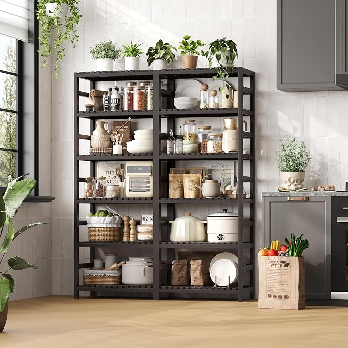 FOTOSOK 6-Tier Bamboo Shelf, Bamboo Bookcase with Adjustable Shelves, Free Standing Storage Shelf Unit, Plant Flower Stand for Kitchen, Bathroom, Home Office, Vintage - Image 4