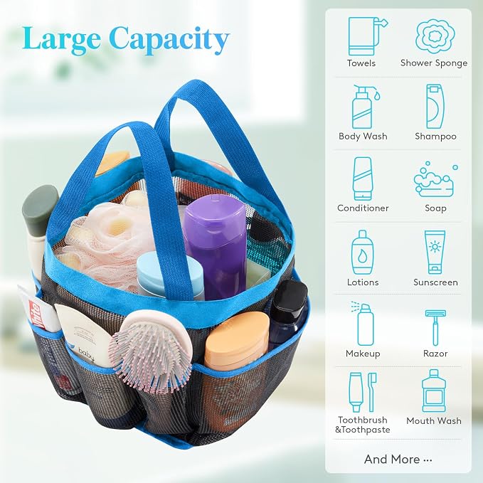 Lifewit Mesh Shower Caddy Portable for College Dorm Room Essentials with 7 Pockets, Freestanding Hanging Organizer Basket, Quick Dry Tote Bag for Camping, Bathroom, Beach, Travel, 1 Pack, Blue - Image 4