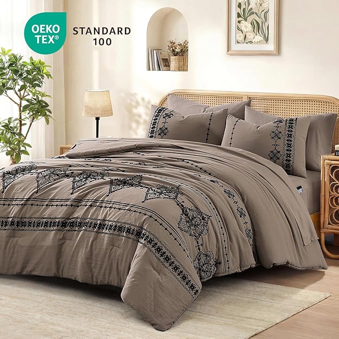 MaiRêve Queen Size Comforter Set Taupe Grey, Embroidery Floral Western Boho Bedding Set, All Season 7 Pieces Bed in a Bag with Sheets, Pillowcases & Shams