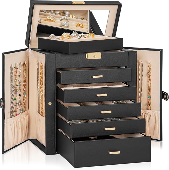 AKOZLIN Large 6-Tier Jewelry Box Lockable Leather Jewelry Storage Case with 5 Drawers for Women Girls Ring Necklace Earring Bracelet Holder Organizer with Mirror - Image 7