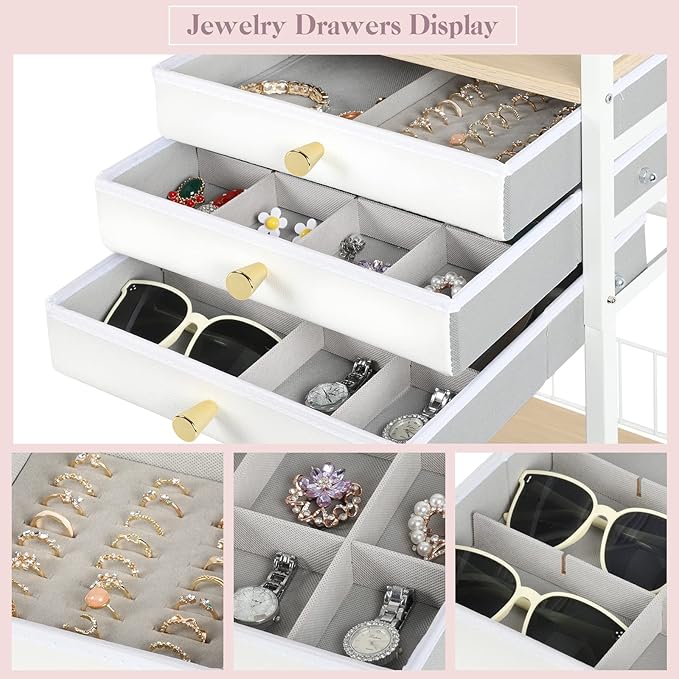 Keebofly Jewelry Organizer Stand with 3 Drawers, Large Necklace Holder & Earring Organizer Rack, Wooden Jewelry Tree Tower for Rings, Bracelets, Sunglasses and Skincare, Gift for Women, White - Image 5