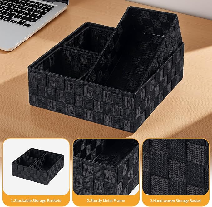 Posprica Small Black Baskets Cube Bin Container Tote,Woven Storage Baskets for Organizing Organizer Divider for Drawer, Closet, Shelf, Dresser, Set of 4 - Image 5