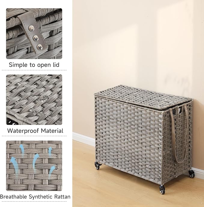 Laundry Hamper with Wheels, 34.3 Gallon(130L) Rolling Laundry Basket with Lid, 3-Section Rattan Clothes Hamper with 3 Removable Liner & 3 Mesh Bags, Laundry Sorter with Side Pocket, Grey - Image 7
