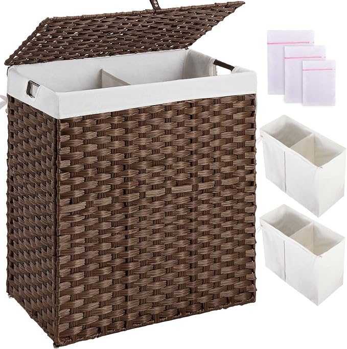 Greenstell Laundry Hamper with lid, No Install Needed, 110L Wicker Laundry Baskets Foldable 2 Removable Liner Bags, 2 Section Clothes Hamper Handwoven Rattan Laundry Basket with Handles, Brown by Greenstell