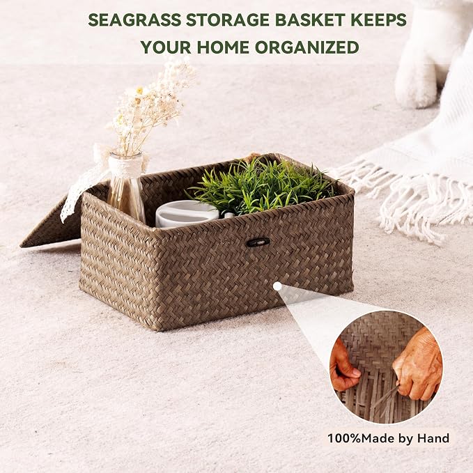 Nonam Seagrass Storage Baskets with Lid Set of 3,Wicker Basket Storage Bin for Shelves,Rectangular,Boho Decor,Handwoven Shelf Basket for Organizing-Storage Container Box for Home Organization-Coffee - Image 4