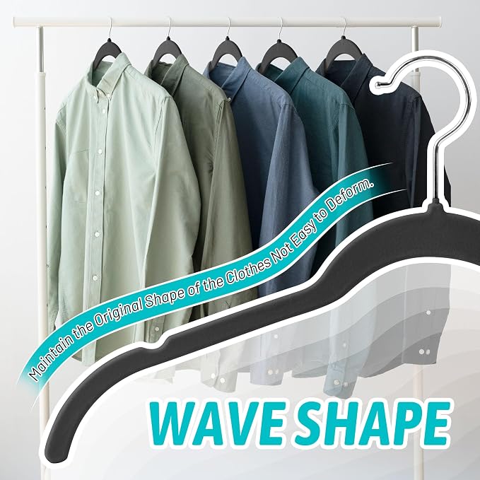 Sishynio Premium Velvet Hangers 50 Pack - Space-Saving Closet Organizer for Clothes, Non-Slip Flocked Design, Ideal for Shirts and Coats (Black) - Image 5