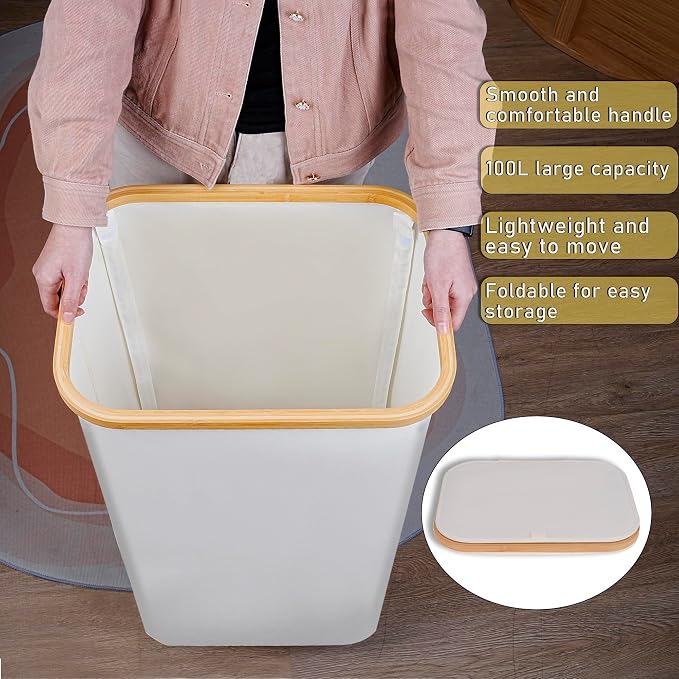 100L Laundry Hamper with Lid, Lagre Basket with Bamboo Handles,Foldable Clothes Hamper Tall Dirty Laundry Basket for Clothes Toys Towels Organizing,Beige - Image 6