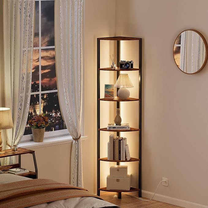 Furnulem 6 Tier Corner Shelf with LED Light, 67.5” Tall Standing Shelf Organizer, Narrow Bookshelf with Storage Rack for Wall Corner, Living Room, Bedroom, Metal Frame, Wood Display Shelf - Image 6