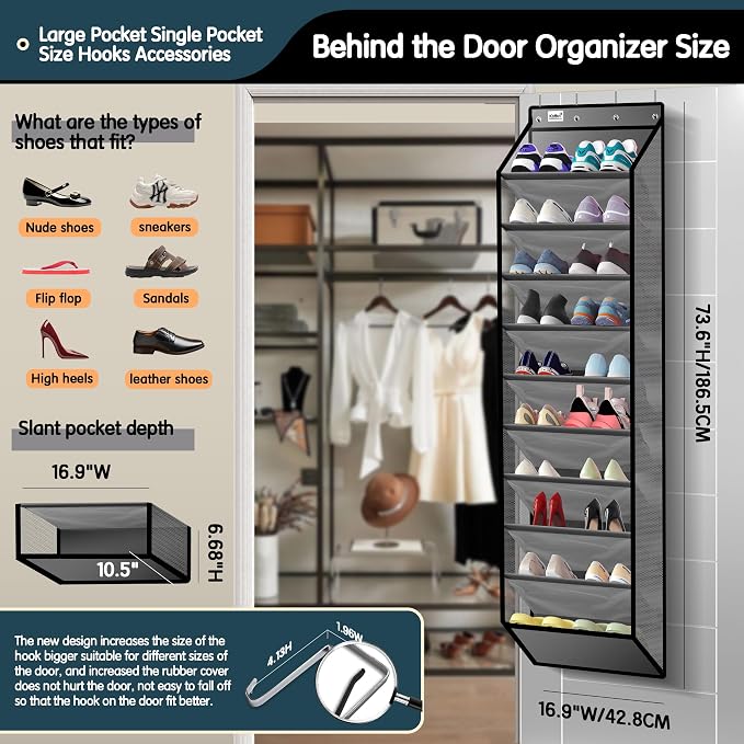 Kotkn 10 Tier Over The Door Organizer - Heavy Duty Hanging Storage Rack with Sturdy Oxford Fabric, Holds 20+ Pairs of Footwear, Boots & Sneakers, Saves 50% Closet Space (Gray) - Image 2