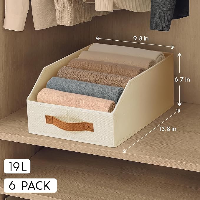 Homsorout Fabric Storage Bins for Organizing - 6 Pack Large Trapezoid Collapsible Storage Bins with Front Handle, Closet Organizers and Storage for Bedroom, Home Shelves, Small Spaces, Beige - Image 2