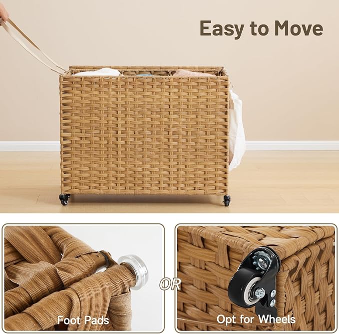 Laundry Hamper with Wheels, 52.8 Gallon(200L) Rolling Laundry Basket with Lid, 3-Section Rattan Clothes Hamper with 3 Removable Liner & 3 Mesh Bags, Laundry Sorter with Side Pocket, Natural - Image 6
