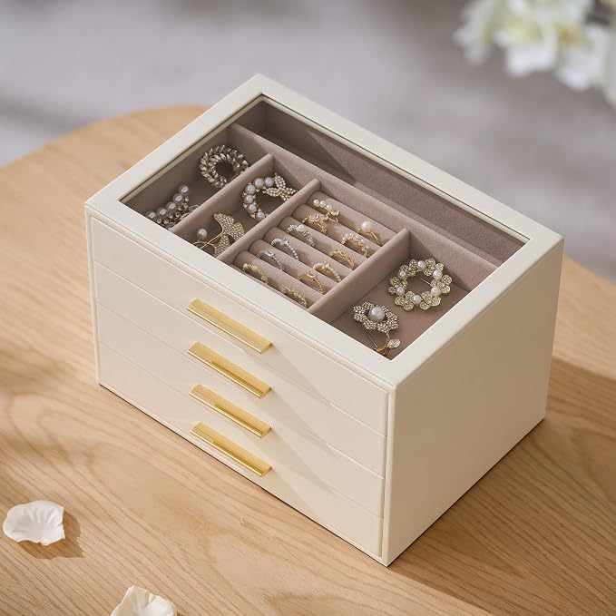 pickpiff Jewelry Box Organizer Case for Women: 4-Layer Jewelry Storage Case with Glass Window, Ivory Leather with Pink Velvet, Holder for Ring Necklace Bracelet Brooch Watch, Great Gift for Her - Image 2