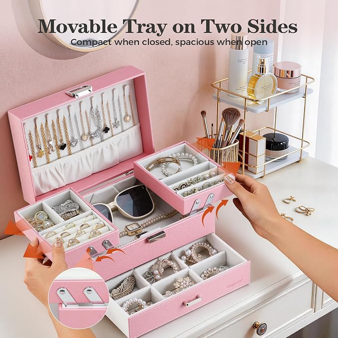 Dajasan Jewelry Organizer Box, Large Jewelry Boxes for Women Girls, Space-Saving 3 Layers Jewelry Storage Case with Drawer, Gift Idea, Movable Metal Stand, Modern (Pink) - Image 2