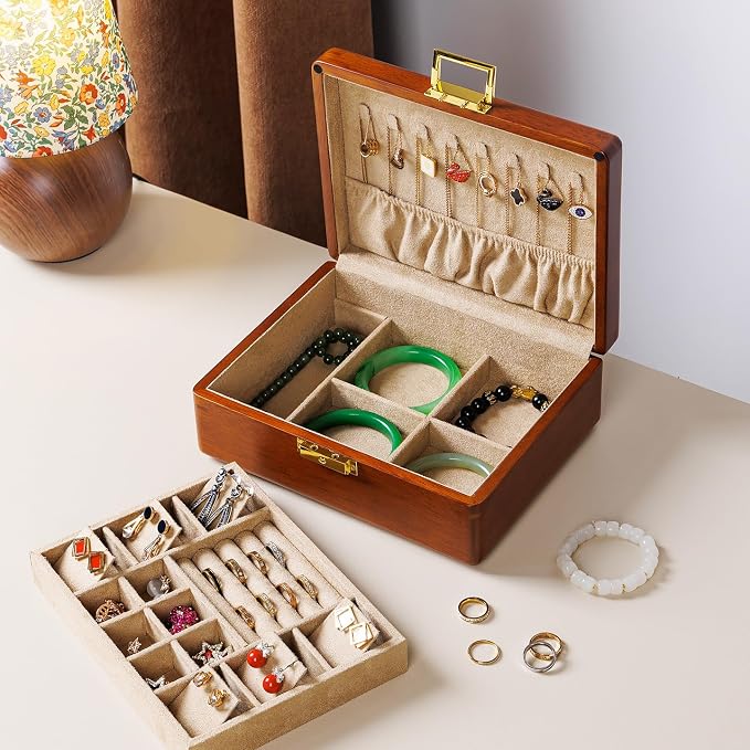 Wooden Jewelry Box with Lock, Double Layer Solid Walnut Wood Jewelry Organizer with Key Velvet Lining for Earrings Rings Necklaces Bracelets Cufflink Pendants Gift Idea Men Women - Image 2