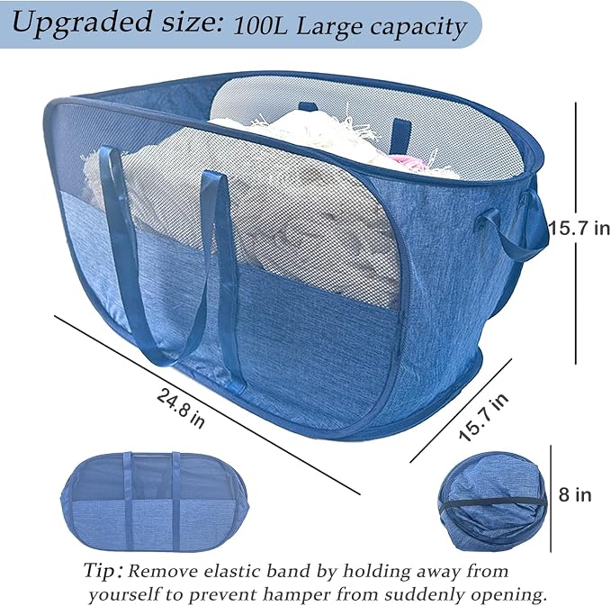 Extra Large Mesh Pop Up Laundry Hamper, 100L Collapsible Laundry Basket, Dirty Clothes Hamper with Reinforced Handles, Storage Bins for Shelves, Dorm or Home Portable Stair Laundry Basket. Blue - Image 2