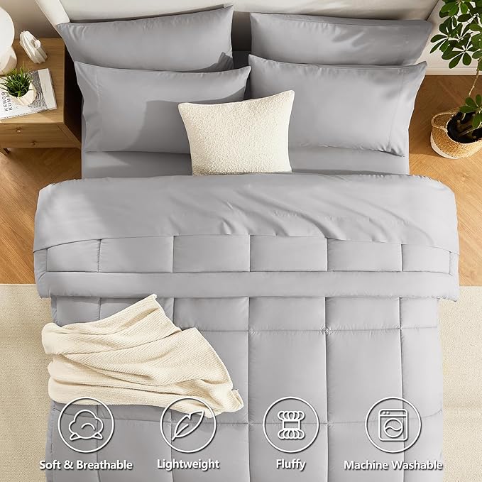 CozyLux Full Size Comforter Set French Grey, 7 Pieces Bed in a Bag, Gray Comforter Full Size, All Season Bedding Sets with Stitch Quilted Comforter, Flat Sheet, Fitted Sheet, Pillowcases