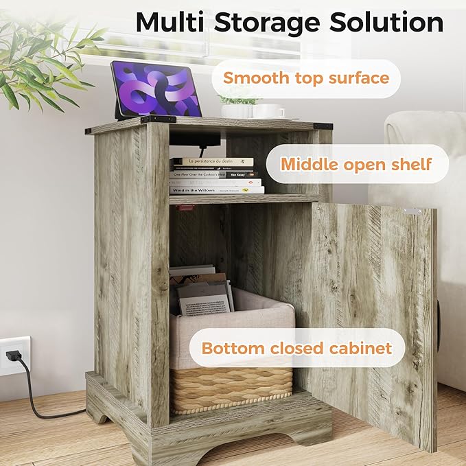 RoyalCraft 25" Tall Farmhouse Nightstand with Charging Station, Grey End Table with Storage, Large Wooden Rustic Bedside Table for Bedroom, Light Grey