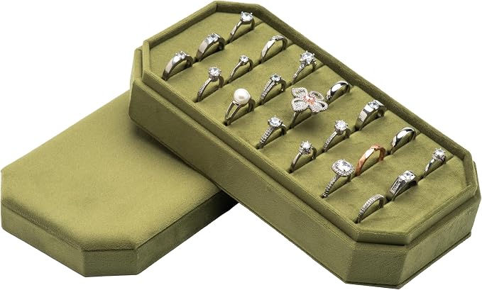 Velvet Ring Organizer Display Tray Jewelry Box Earring Holder Case for Wedding Birthday Christmas Day (Olive Green) - Image 4
