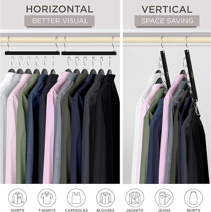 MORALVE Space Saving Hangers for Closet – 4 Pack European Beechwood 6-Tier Shirt Organizer with 360° Swivel Hook – Collapsible Clothes Hanger for Closet Organization (Hangers Not Included) - Image 4
