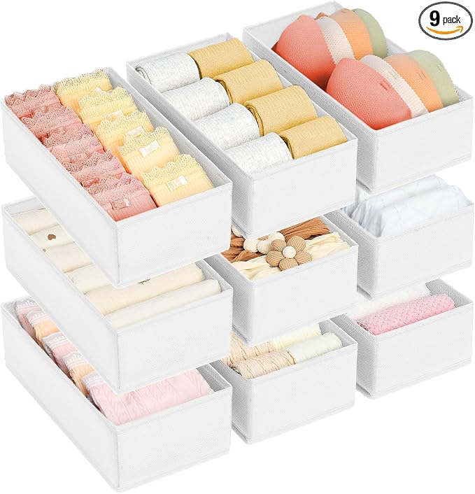 DIMJ Drawer Organizer Clothes - Underwear Organizer Small Sock Organizer Box Dresser Organizer,Drawer Dividers for Baby Clothes,Bra,Socks, Belt, Tie, Set of 9,White by DiMJ
