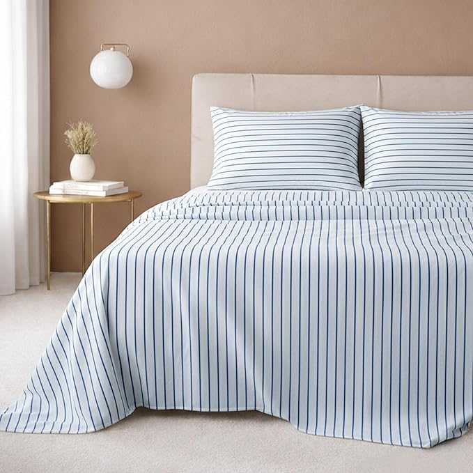 California Design Den Printed Striped Twin XL Sheets Set - 600 Thread Count, 100% Cotton Sateen, Premium Deep Pocket Extra Long Twin Sheets - Classic Blue Stripe Print