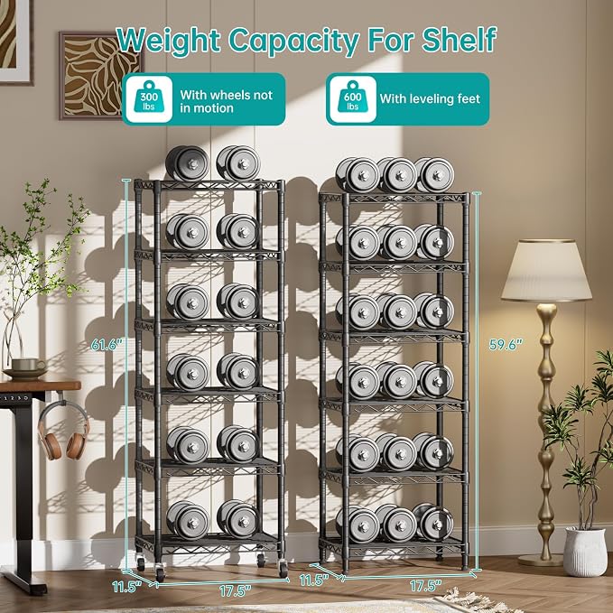 SINGAYE 6 Small Shelf Storage Wire Shelves Closet Bathroom Organizers Metal Pantry Kitchen Garage Shelving Unit Laundry Room Organization Home Narrow Rack Net Basket with Wheels Black - Image 7