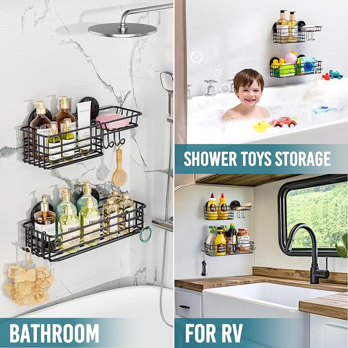 TAILI Shower Caddy Suction Cup 2 Pack with Hooks & Soap holder, Heavy Duty Shower Organizer for Bathroom, No Drilling Bathroom Organizer with Large Capacity, Black Metal Storage Basket - Image 6