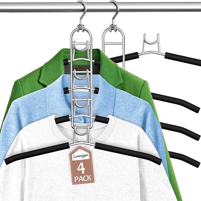 Clothes Hangers Space Saving, Newly Upgraded Detachable Shirt Hangers, 4-Tier Non-Slip Coat Hanger with 360° Swivel Hook for Closet Organizers and Storage Shirt,Sweater,Suit - 4 Pack, Patent Pending by Lumigens