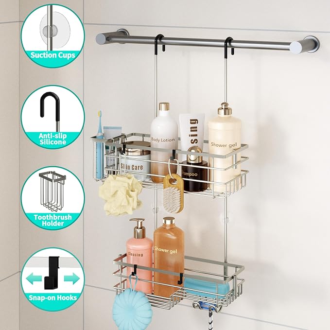 HapiRm Hanging Shower Caddy Organizer - No Drilling Shower Shelves with Hooks and Toothbrush Holder, Rustproof 304 Stainless Steel Bathroom Organizer - Brushed Nickel - Image 2