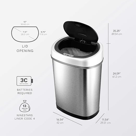 Ninestars DZT-42-9 Automatic Touchless Infrared Motion Sensor Trash Can, 11 Gal 42L, Stainless Steel Base (Oval, Silver/Black Lid) - Image 3