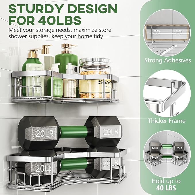 MAXIFFE 3 Pack X-Large Corner Shower Caddy with Soap Holder, Large Capacity Easy Install No Drilling Stainless Steel Sturdy Hold 40 LB Shower Organizer Shelves Rack for Family Renters Bathroom, Silver - Image 4