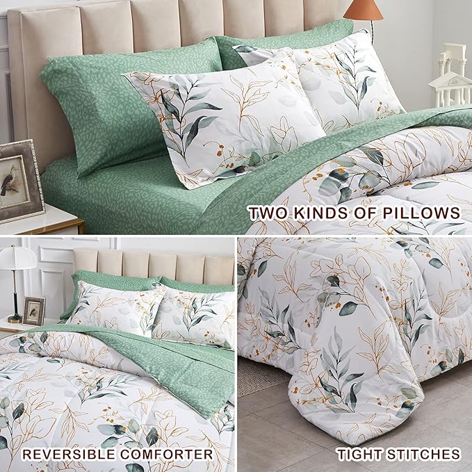 Joyreap 7 Piece Bed in a Bag King, Green Leaves Printed on White Botanical Design, Microfiber Comforter Set for All Season (1 Comforter, 2 Pillow Shams, 1 Flat Sheet, 1 Fitted Sheet, 2 Pillowcases)
