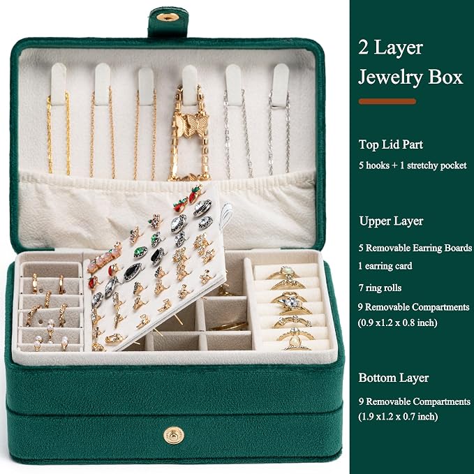 MODENGKONGJIAN Jewelry Organizer Box, 2-Layer Large Jewelry Storage Case, Portable Travel Jewelrys Display Holder for Earrings, Necklaces, Bracelets (Green,Velvet) - Image 2