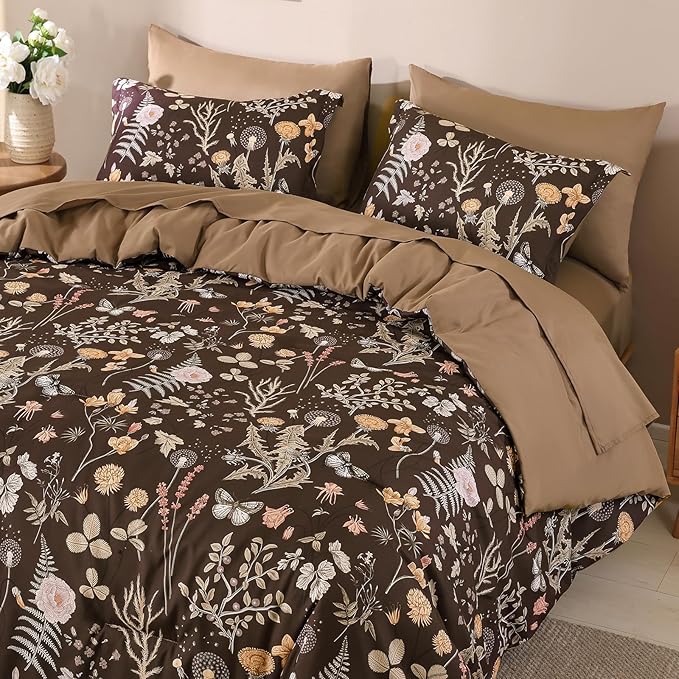 Yiran Brown Comforter Set King Size, 7 Piece Floral Comforter Bedding Set, Farmhouse Bed in a Bag, Soft Microfiber Complete Bedding Set with Sheets for All Season