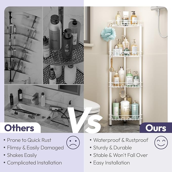 SWTYMIKI Standing Shower Caddy Corner - 4‑Tier Stainless Steel Shower Organizer Shelf with 16 Hooks and Adhesive Pads, Rustproof Corner Shelves Stand Rack for Bathroom Shower Room, white - Image 2