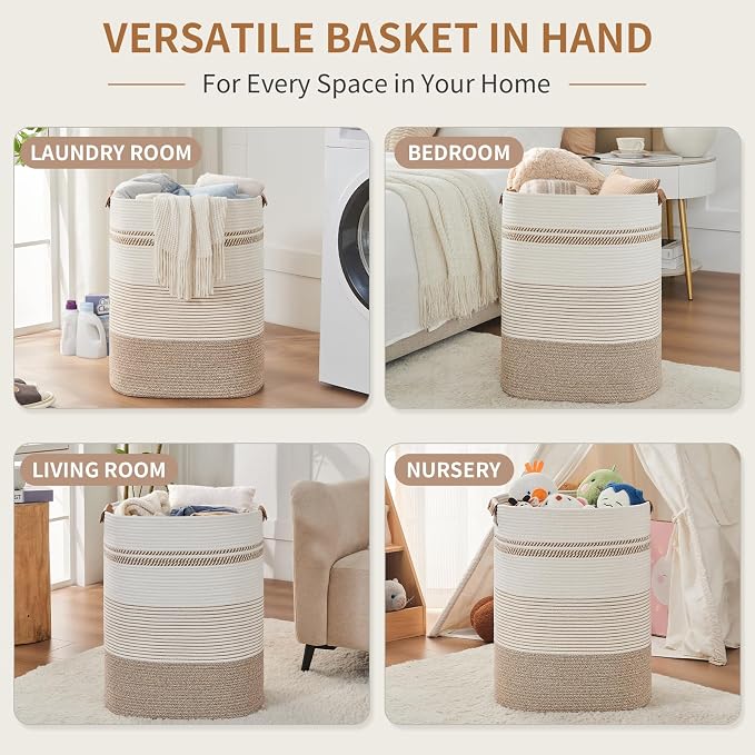 AINUOQI Laundry Basket with Handles - Blanket Basket & Hampers for Bedroom Aesthetic, Laundry Hamper & Blanket Storage for Living Room, Clothes Hamper, Tall, Large 17" x 14" x 22”, Light Brown & White - Image 3