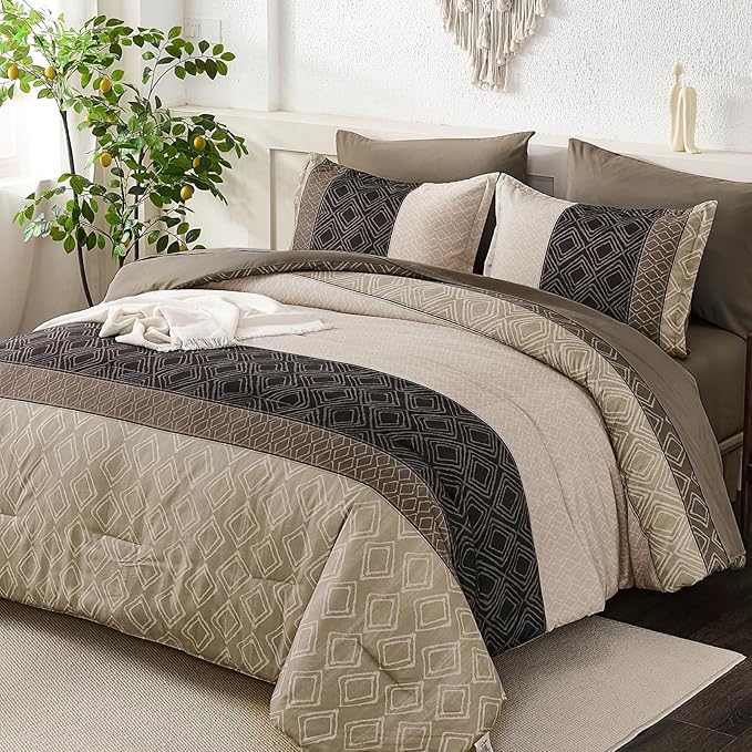 Dinjoy Boho Queen Comforter Set Light Brown,7 Piece Bed in a Bag Queen Size Warm Striped Bedding Sets with Plaid Fall Comforters Bed Set with Sheets for Family All Season