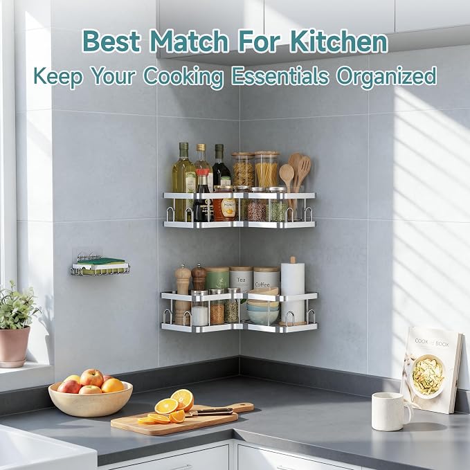 Veken Corner Adhesive Shower Caddy 3-Pack with Soap Holder&Hooks,No Drilling Shower Shelves,Rustproof & Waterproof Bathroom Organizers and Storage,Rack for Small Spaces, Kitchen&Rental-Friendly,Silver - Image 8