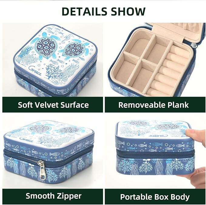 shunmei Mini Travel Jewelry Box,PU Leather Portable Jewelry Organizer Case,Art Accessories Storage Holder Boxes for Earring, Necklace, Rings, Bracelets (Turtle) - Image 6