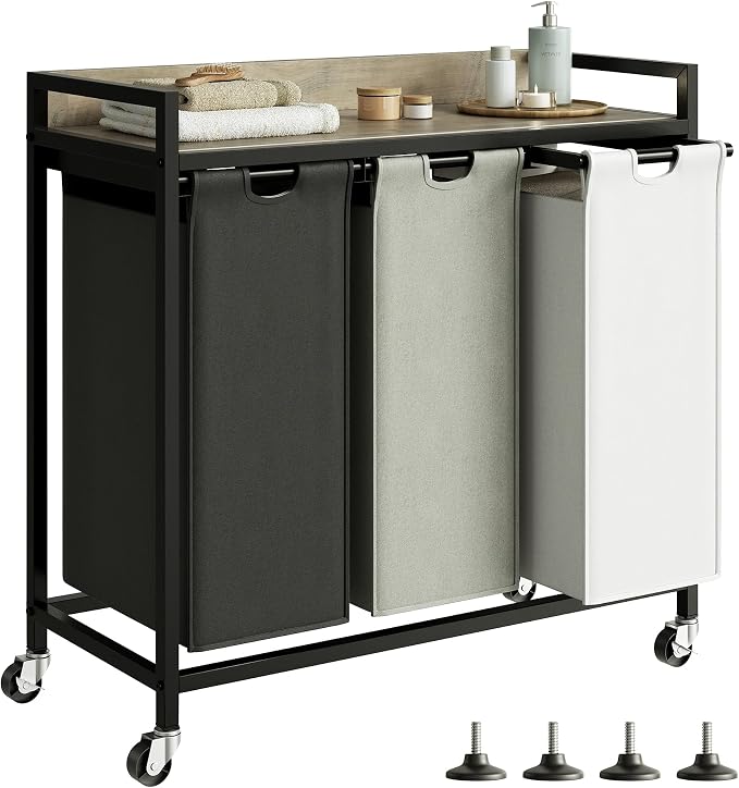 Herture Laundry Hampers with Shelf, Laundry Basket 3 Section, Laundry Sorter with Pull-Out Removable Large 3 Color Bags and Movable Wheels, Metal Frame, 3 x 15.87 Gallons (60L), Greige PF04XLZ by Herture
