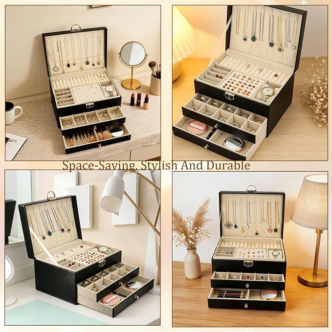 SRTCYDA Jewelry Box for Women, Large PU Leather jewelry organizers and storage, 3-Layer Jewelry Storage with 2 Drawers, Space-Saving Design for Vanity, Holds All Types of Jewelry (Black) - Image 6