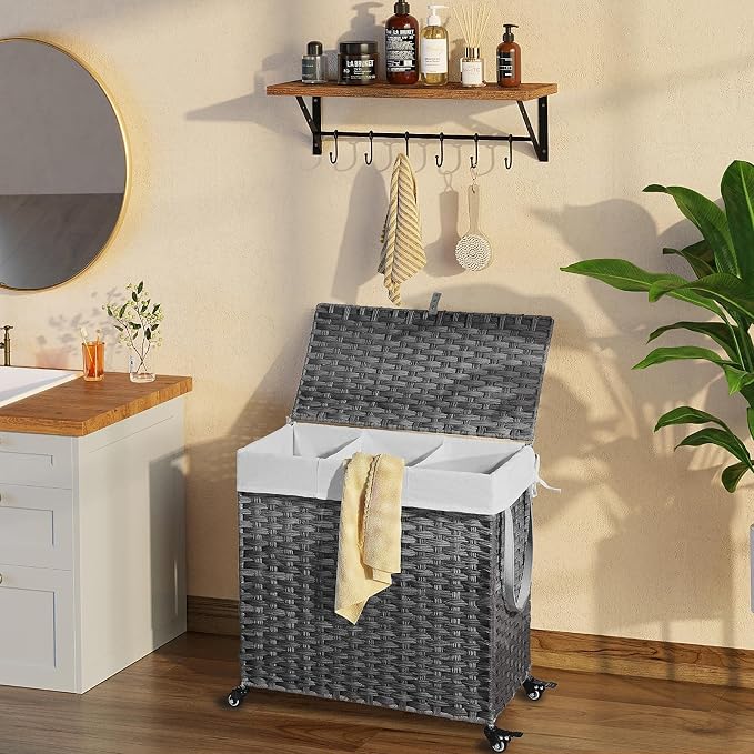 GREENSTELL Laundry Hamper with Wheels&Lid, 130L Large 3 Sections Clothes Hamper with 2 Types Removable Liner Bags, 5 Mesh Laundry Bags, Handwoven Divided Laundry Basket Gray - Image 2