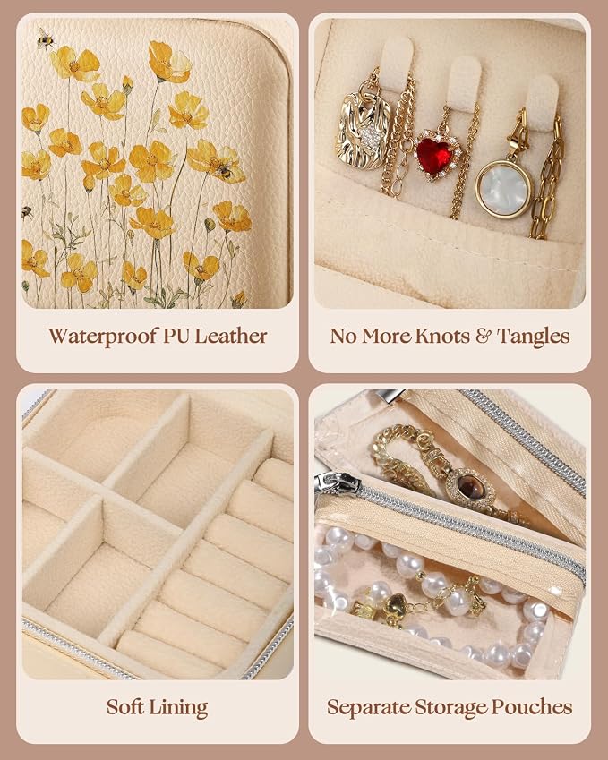 Bistup Travel Jewelry Case - Small Jewelry Organizers and Storage Box for Women Girls Teens Cute Traveling Jewelry Holder with Mirror Little Tiny Compact Yellow Flower Pretty Modern Unique Aesthetic - Image 5